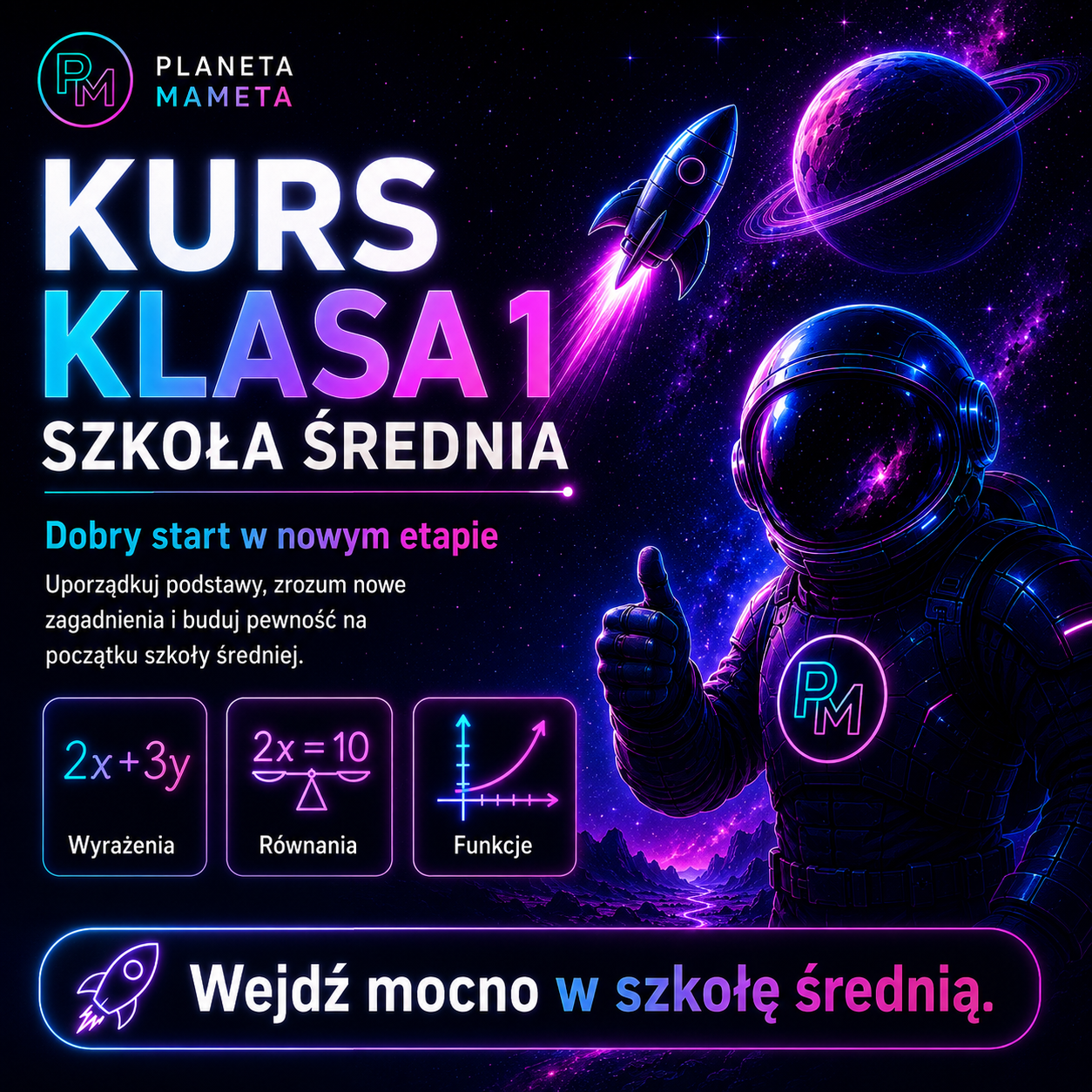 Grafika promująca kurs dla klasy 1 szkoły średniej